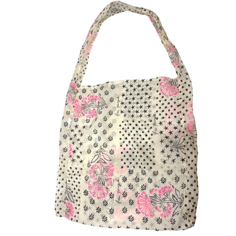 Free People Floral Star Polka Dot Reusable Cotton Tote Bag Cream Pink Black